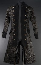 Men&#39;s Long Charcoal Brocade Pirate Jacket Victorian Goth Vampire Officer Coat - £110.08 GBP