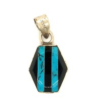 Vintage Signed Sterling Handmade Inlay Turquoise and Black Onyx Stone Pendant - £38.68 GBP