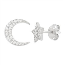 Sterling Silver CZ Half Pair Star and Half Pair Crescent Moon Stud Earrings - £30.05 GBP
