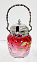 Victoria Cranberry Enameled Floral Glass Mustard w Twisty Handle &amp; Lid w... - $64.35
