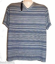 Elie Tahari Dark Blue White Stripes Men&#39;s V-Neck Cotton Shirt Size L - £36.53 GBP