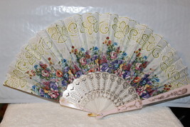 FAN ( SMALL HAND TYPE FAN ) WITH FLOWERS FLOWER WHITE C2 - £6.20 GBP