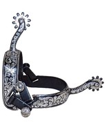 Engraved Floral Black Steel Offset Spurs with German Silver Trim 10 Poin... - $169.99