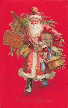 Ronde Noël Rouge Suit Santa de Transport Tree &amp; Jouets ~1910 Doré Estampé - £10.02 GBP