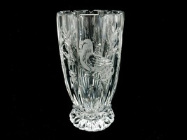 Heavy Cut Crystal Centerpiece Vase, 3 Etched Birds, 9 Side Panels, Notch... - $68.55