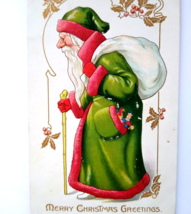 Santa Claus Christmas Postcard Tucks Old World Green Robe Coat Walking Stick - £28.82 GBP