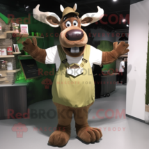 Olive Moose mascot costume character dressed with a Overalls and Clutch bags - £911.21 GBP