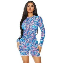 Sheer Mesh Coverup Print Mini Dress Long Sleeves Pullover Swim Blueberry 441424 - £16.21 GBP