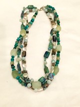 Beaded and stone turquoise mother of pearl abalone three strand 20 inch necklace - £44.66 GBP