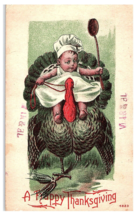 Anthropomorphic Boy Riding Thanksgiving Turkey w Spoon Postcard - £33.30 GBP