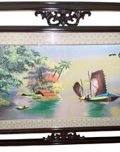 Vintage Asian Landscape Framed Art Sailing Boats Ornate Wood Frame 32.75” image 3