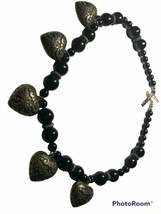 6mm Black Onyx Gemstone Beads Stretch Bracelet With Five Hearts  Charms - £97.79 GBP
