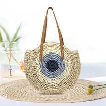 Summer Round Straw Rattan Bag Color Splicing Handmade Woven Beach Female Messeng - £37.81 GBP