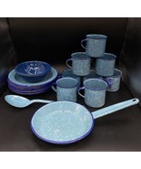 Blue Speckled Graniteware Enamelware Camping Bowls Cups Plates Pan LOT 20 - €42,35 EUR
