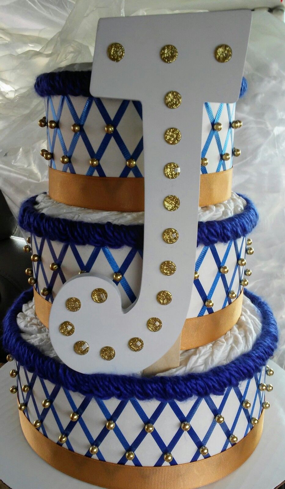 Royal Blue and Gold 3 Tier Diaper Cake Theme Baby Boy Shower Includes Letter