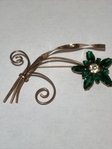 VTG Marked Coro Sterling &amp; Gold Overlay3.5” Floral Brooch Pin With Green Glass - £38.74 GBP