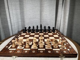 Large Handmade Wooden Chess Set 21&quot; Hand Carved Board Pieces Full Vintage Game - £105.09 GBP