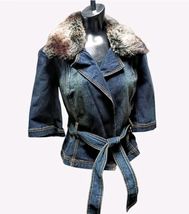 Denim Y2K Jacket With Tie Waist And Fur Collar Trim By Fabulosity Size M... - $53.84