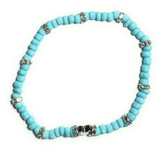 Blue Glass Seed Bead Stretchy Anklet with Silver Alloy Gem Spacers - $5.99