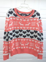 POL Fair Isle Sweater Women Medium Hearts Snowflakes Deer Coral White Bl... - £35.11 GBP