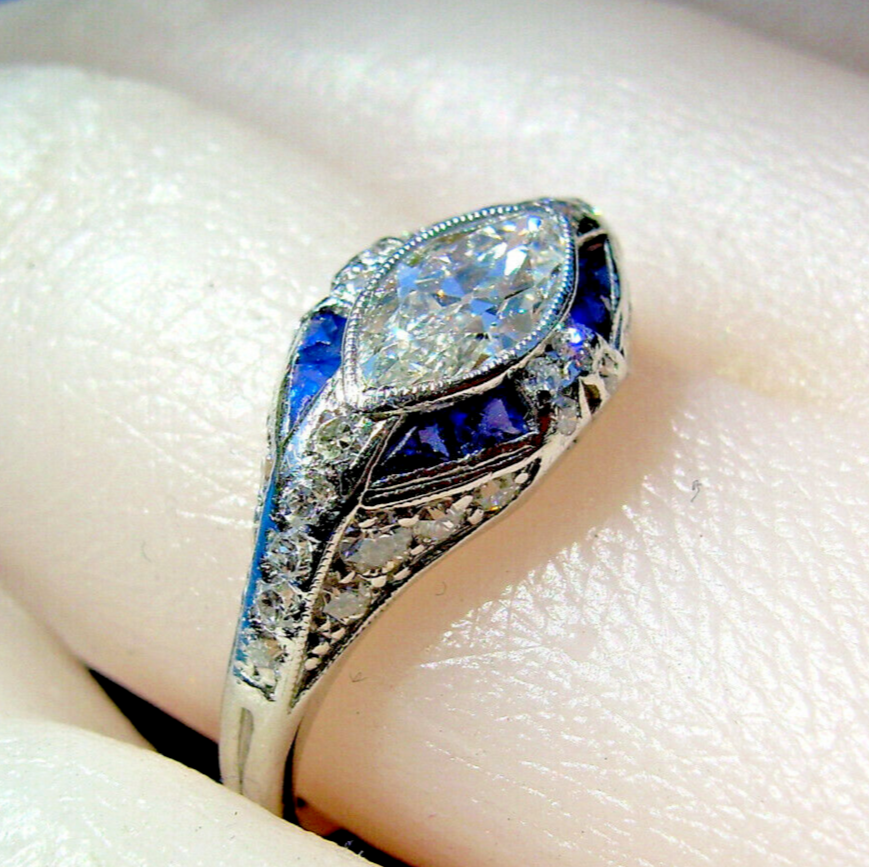 Eart mined Diamond Deco Engagement Ring Marquise Platinum Sapphire Solitaire 6 Item image 4