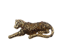 Vintage Black Enamel &amp; Rhinestones Gold Tone Leopard Cheetah Brooch Pin - $17.80