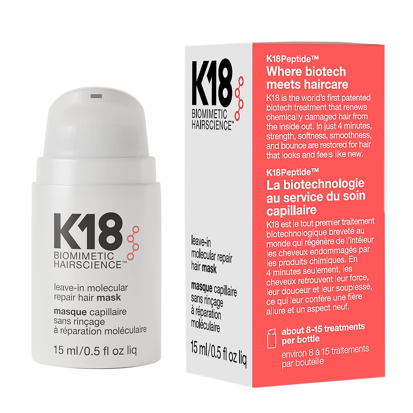 K18 Mini Leave-In Molecular Hair Mask, Repairs Dry or Damaged Hair, Reverse Hai