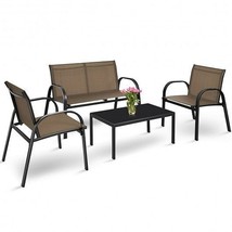 4 Pieces Patio Furniture Set with Glass Top Coffee Table-Brown - Color: Brown - $4,355.62 MXN