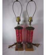 Vintage Etched Red Glass Table Lamp Pair - £271.54 GBP