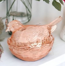 Pink Glass 2 Pc Dove Bird on Nest Lidded Candy Dish Vanity Box 4&quot; H x 6.... - $17.82