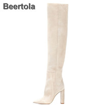 Women Fashion Boots 11 Cm Round Thick Heel Beige Slip On Overknee Boots Spring A - £112.51 GBP