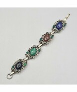 Vintage Panel Bracelet Silver Tone Multicolor Cabochon Green Rhinestone ... - €26,14 EUR