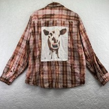 Upcycled Western Shirt Size XL Brown Plaid Bleached Cow Patch Roll Tab S... - £23.66 GBP