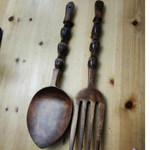Vintage Giant Wooden Fork Spoon Carved Tiki Totem Decor MCM 26” Thailand - $33.94