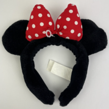 Disney Parks Fuzzy Fluff Minnie Mouse Black Ears Red Polka Dot Bow Ears Headband - £13.29 GBP