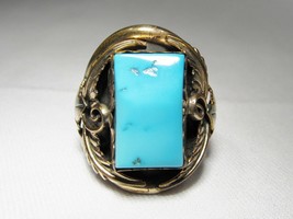 ESTATE A.J. Platero Navajo Gold Plated Gilt Sterling Turquoise Ring Vintage C096 - £191.78 GBP