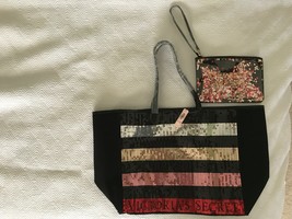 NEW Victorias Secret Tote Bag Large Sequins &amp; Pouch cosmetic weekender traveler - £30.71 GBP