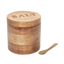 Wooden Salt Box with Magnetic Lid ,Wooden spoon Round Salt Container Bow... - £34.51 GBP