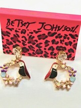 Betsey Johnson Gold Alloy Enamel Bird Flower Round Hoop Crystal Post Earrings - $6.99