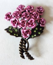 Avon Metallic Purple Rose Bouquet Brooch Pin Bronze Tone Setting Vintage... - $16.99