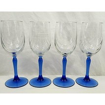 Wine Glasses Blue Stems Water 8&quot; Lot of 4 Drape Design Gold Rim - £19.61 GBP