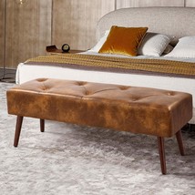 Mid-Century End of Bed Bench with Brown Leather Upholstered Seat Solid Wood Legs - $287.95 CAD