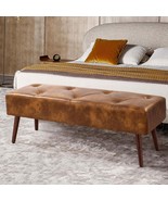 Mid-Century End of Bed Bench with Brown Leather Upholstered Seat Solid W... - $287.95 CAD
