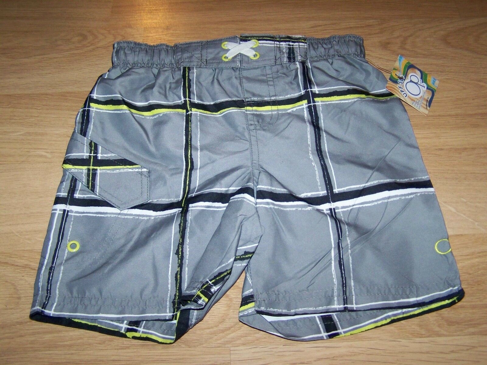 Size XS 4-5 OP Ocean Pacific Board Shorts Swim Trunks Gray Black White Lime New - $12.00