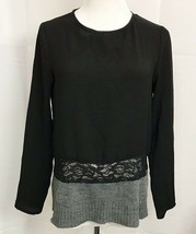 Zara Collection Top Multi Media Black Gray Long Sleeve size Small Lace Trim - £16.15 GBP