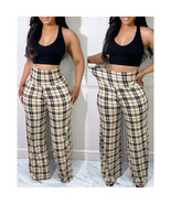 Spring Autumn Women Casual High Waist Plaid Print Wide Leg Pants - $42.95