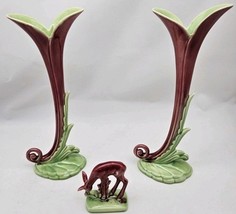 2 Vintage Cemar Bauer Vases Mid Century Bud Green/ Pink Glaze Deer - $1,658.38 MXN