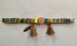 Multi Color Tribal Embellished Tassel Feathered Canvas Bracelet Size Sma... - $8.73