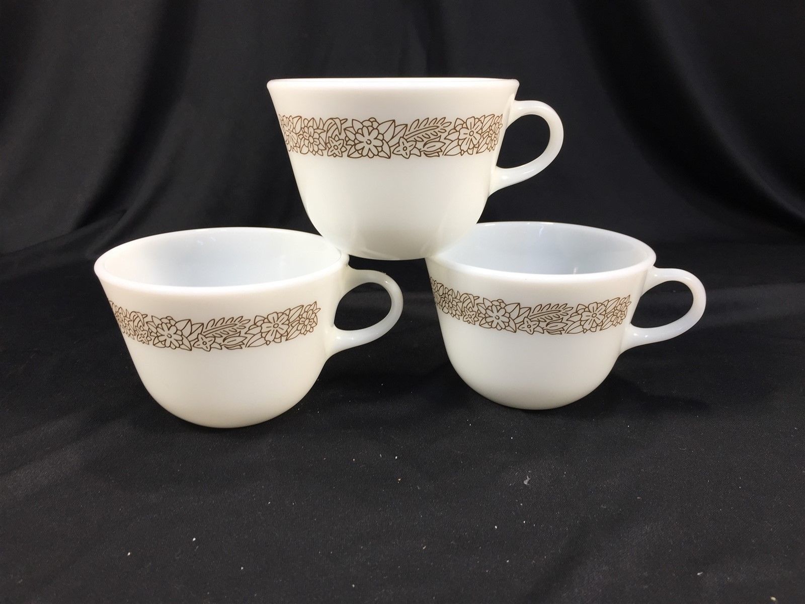 Primary image for (3) Vintage Pyrex Coffee Cups Woodland Brown Floral Milk Glass