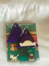 Green w Sparkly Purple Roof House Pins by Lucinda w Kitty Cat in Window &amp; Walkin - £27.38 GBP